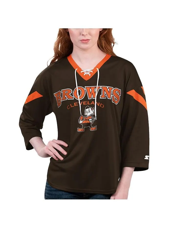 Женская коричневая футболка Cleveland Browns Rally на шнуровке с рукавом 3/4 Starter — изображение 1 из 1, коричневый