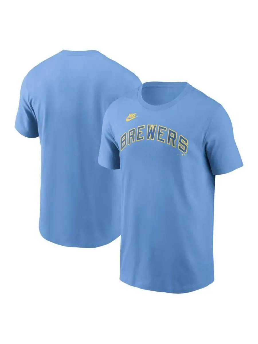 Nike Мужская футболка светло-голубого цвета с логотипом команды Milwaukee Brewers Cooperstown — изображение 1 из 3, синий