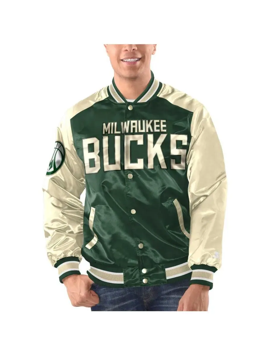 Starter Мужская атласная куртка-бомбер Milwaukee Bucks Renegade цвета хаки с кремовыми вставками — изображение 1 из 2