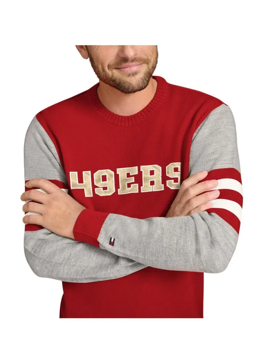 Tommy Hilfiger Мужская толстовка с круглым вырезом из акрила цвета алый/серый меланж с символикой — изображение 3 из 3