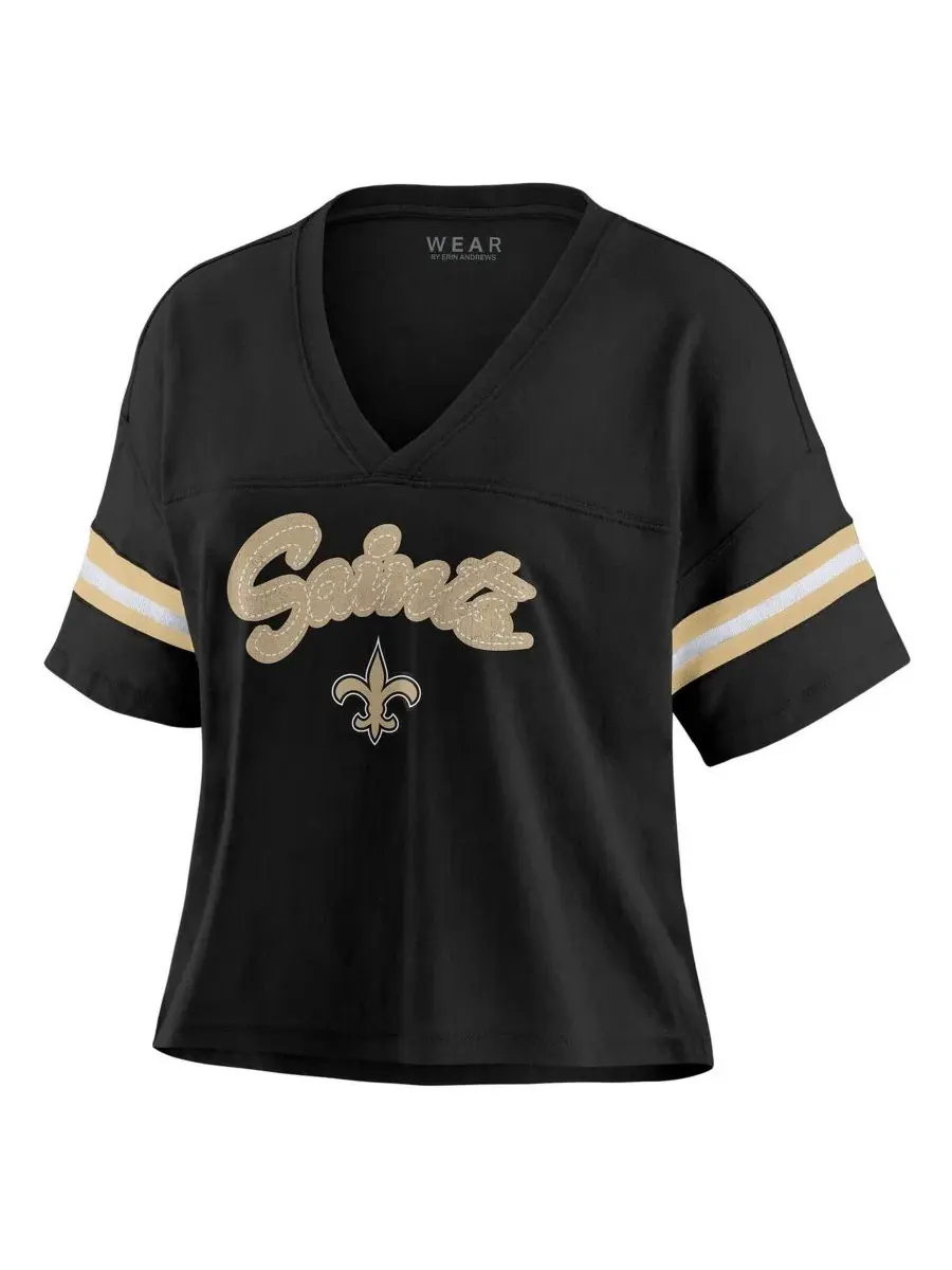 Футболка с V-образным вырезом и принтом New Orleans Saints, модель Color Block Boxy WEAR by Erin — изображение 2 из 4, черный