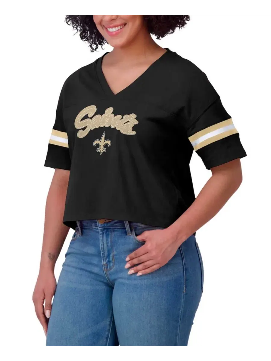 Футболка с V-образным вырезом и принтом New Orleans Saints, модель Color Block Boxy WEAR by Erin — изображение 4 из 4, черный
