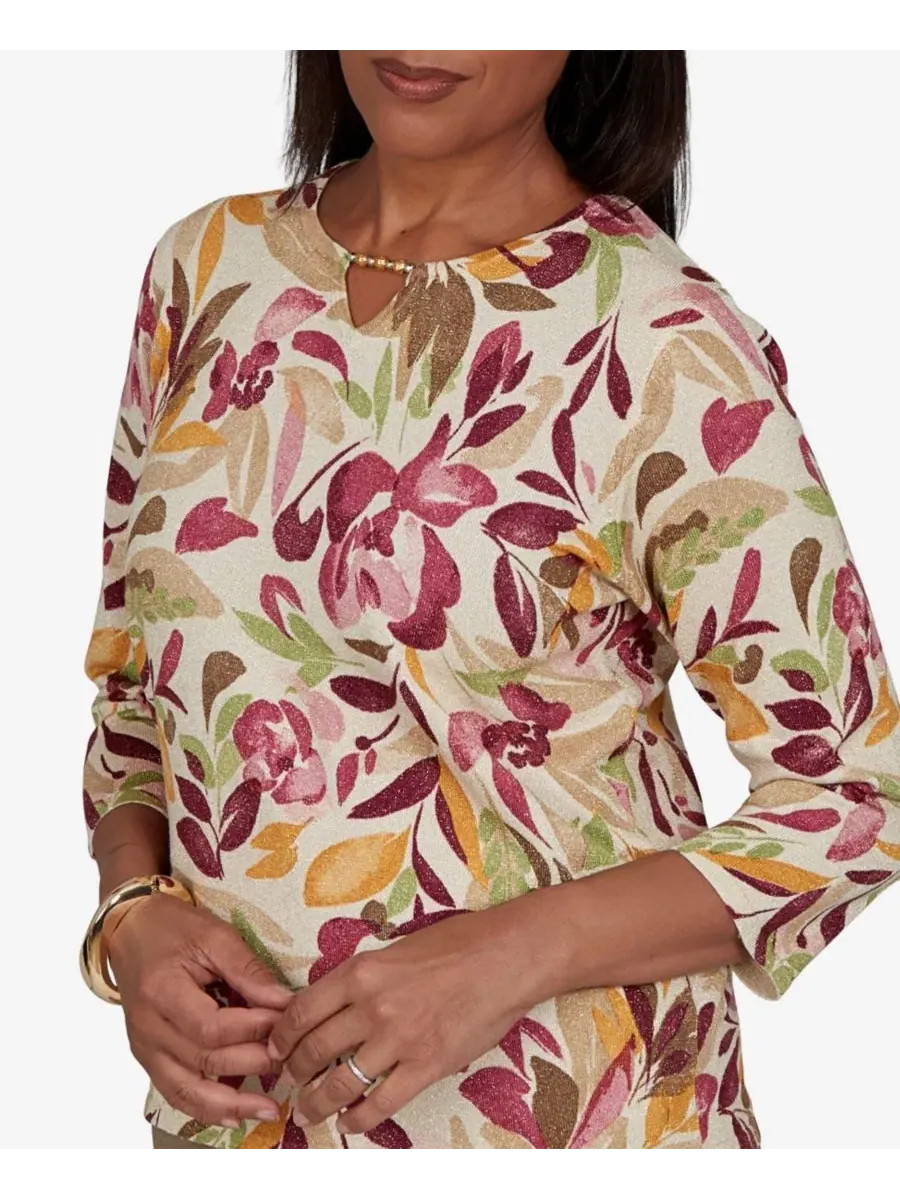 Свитер с принтом Union Square Floral Painterly Print Shimmer Alfred Dunner, Tanmult — изображение 4 из 5
