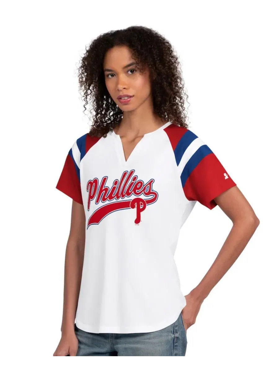 Женская белая футболка Philadelphia Phillies Game On с вырезом-стойкой и рукавами реглан Starter — изображение 1 из 3