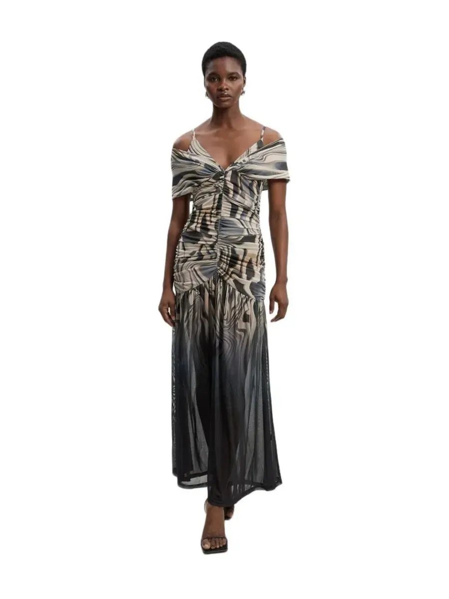 Макси-платье с принтом, модель Marble Print Mesh Plunge Maxi Dress Karen Millen, Mono