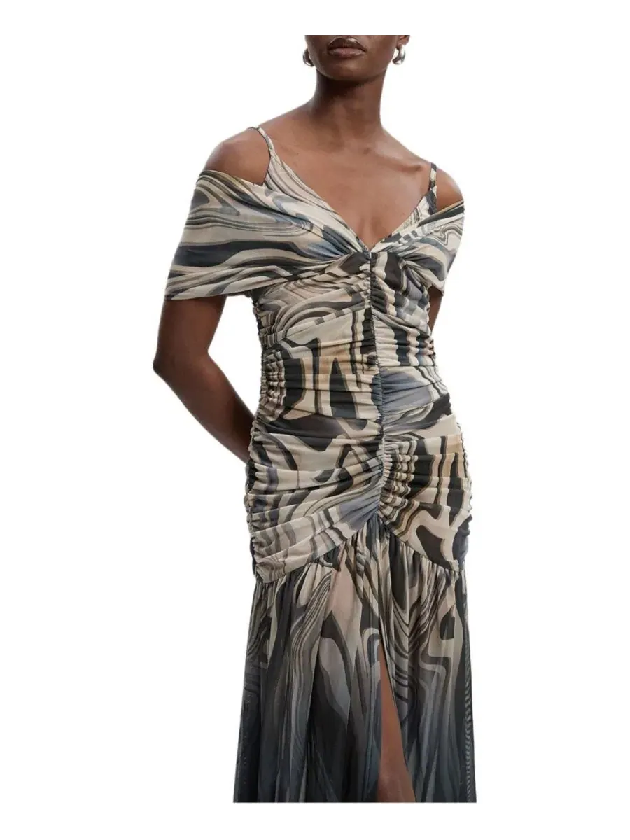 Макси-платье с принтом, модель Marble Print Mesh Plunge Maxi Dress Karen Millen, Mono — изображение 2 из 7