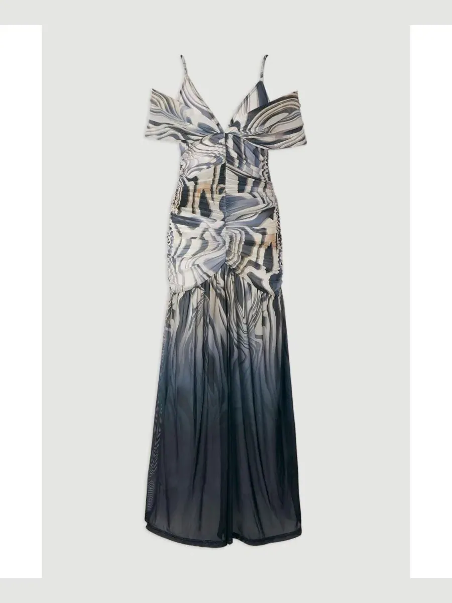 Макси-платье с принтом, модель Marble Print Mesh Plunge Maxi Dress Karen Millen, Mono — изображение 4 из 7