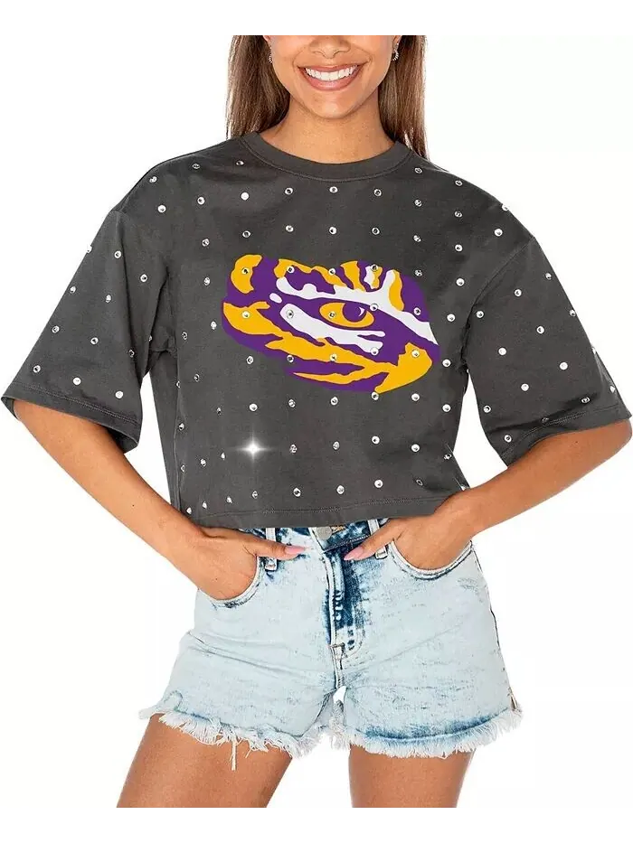 Женская серая укороченная футболка LSU Tigers Go Time со стразами Gameday Couture — изображение 1 из 3