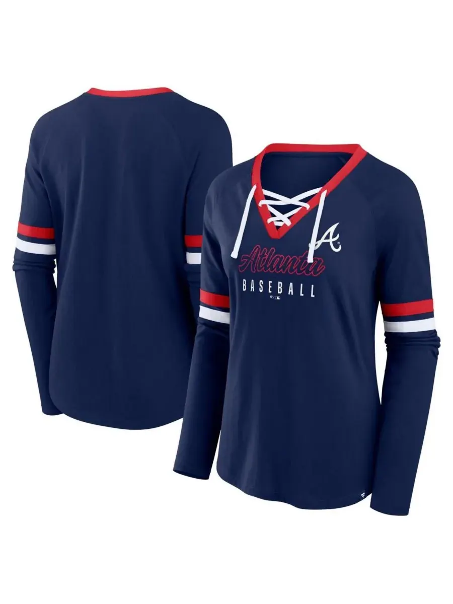 Fanatics Женская темно-синяя футболка с длинным рукавом реглан и шнуровкой «Atlanta Braves Won Done» — изображение 1 из 3