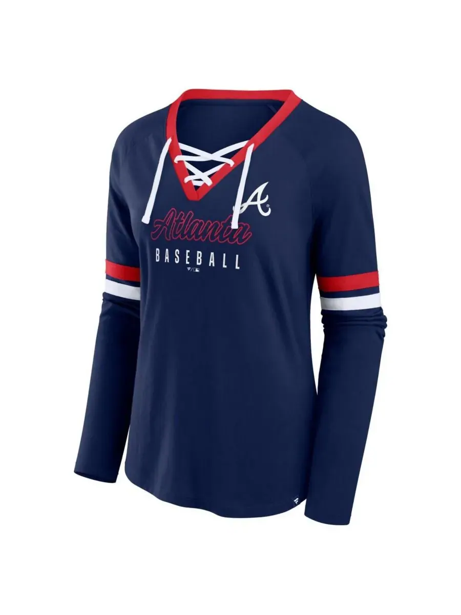 Fanatics Женская темно-синяя футболка с длинным рукавом реглан и шнуровкой «Atlanta Braves Won Done» — изображение 2 из 3