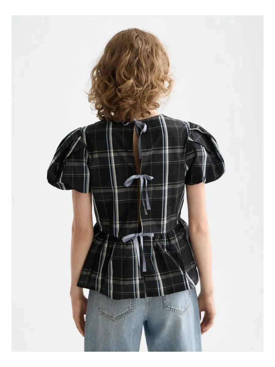 Женская блузка из тафты с короткими рукавами и баской SCOTCH & SODA, Taffeta Check — изображение 2 из 3