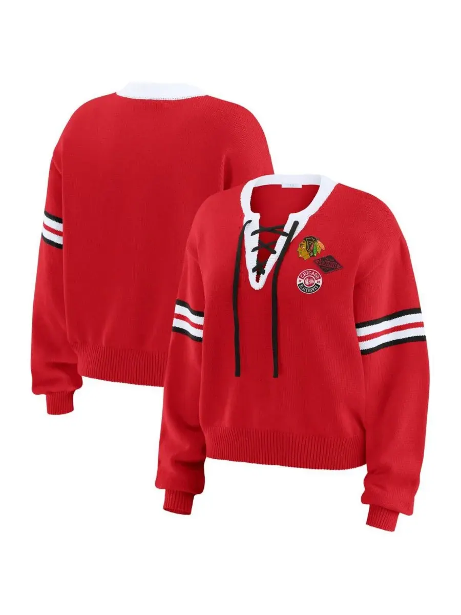 WEAR by Erin Andrews Женский красный укороченный свитер на шнуровке с символикой Chicago Blackhawks — изображение 1 из 3