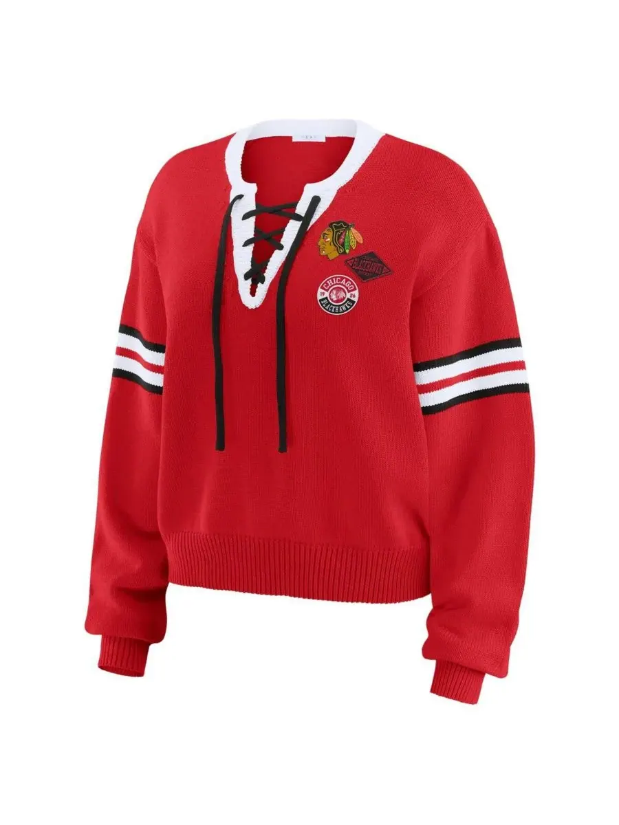 WEAR by Erin Andrews Женский красный укороченный свитер на шнуровке с символикой Chicago Blackhawks — изображение 2 из 3