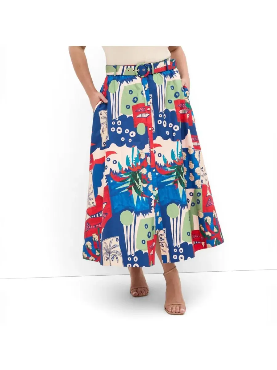 Юбка миди A-силуэта с поясом Elysia Marine Print, City Chic, Marine Scape — изображение 1 из 3