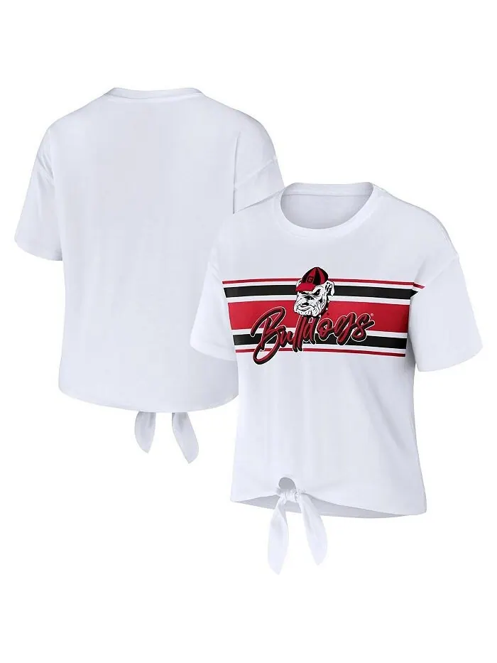 Белая женская укороченная футболка в полоску с узлом спереди Georgia Bulldogs WEAR by Erin Andrews — изображение 1 из 3