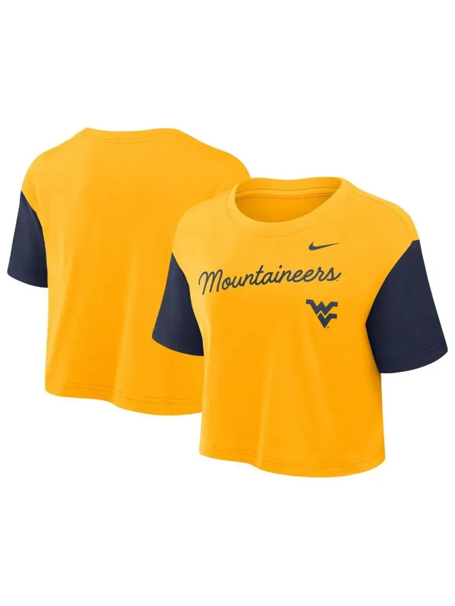 Футболка-кроп с принтом West Virginia Mountaineers Color Block Script Performance Nike — изображение 1 из 3