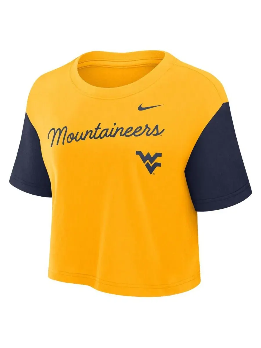 Футболка-кроп с принтом West Virginia Mountaineers Color Block Script Performance Nike — изображение 2 из 3
