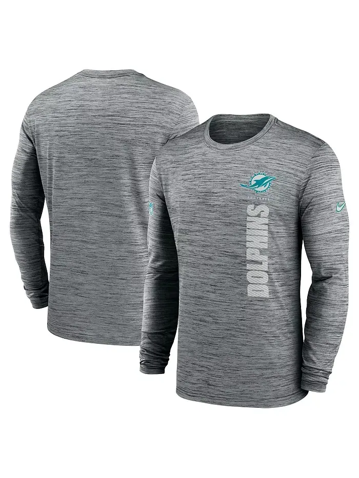 Мужская серая футболка с длинным рукавом Miami Dolphins 2024 Sideline Velocity Performance Nike — изображение 1 из 3