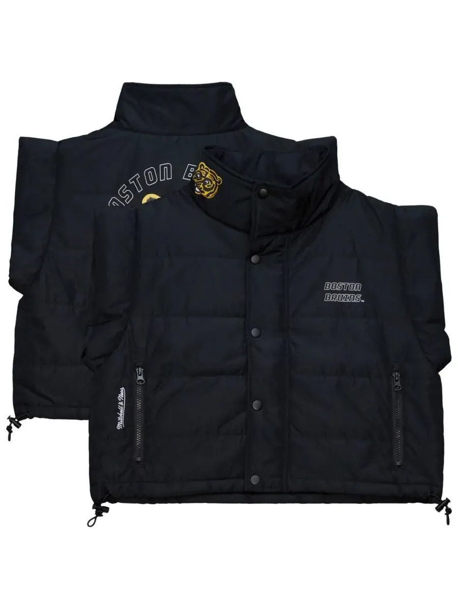 Mitchell & Ness Женский черный укороченный пуховый жилет на молнии с символикой Boston Bruins