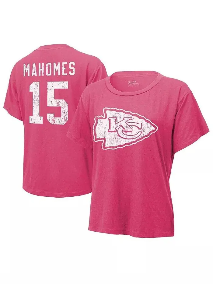 Женская футболка Patrick Mahomes Pink Distressed с именем и номером Kansas City Chiefs Majestic — изображение 1 из 3
