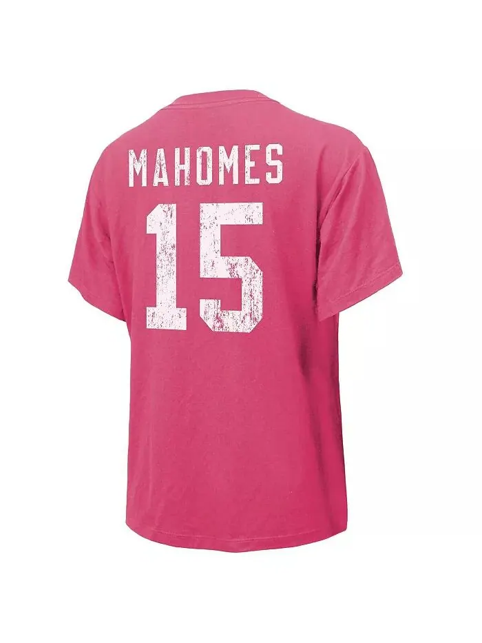 Женская футболка Patrick Mahomes Pink Distressed с именем и номером Kansas City Chiefs Majestic — изображение 2 из 3