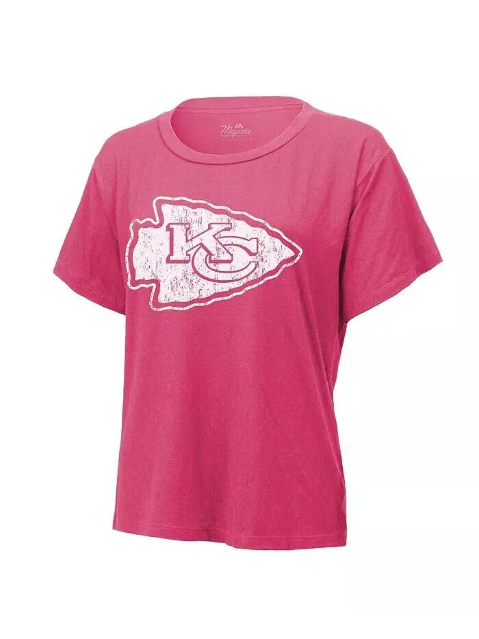 Женская футболка Patrick Mahomes Pink Distressed с именем и номером Kansas City Chiefs Majestic — изображение 3 из 3