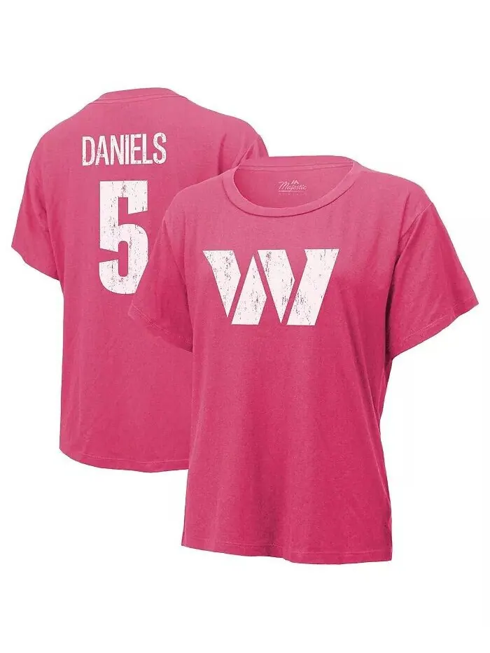 Женская футболка Jayden Daniels Pink Washington Commanders с именем и номером Majestic — изображение 1 из 3