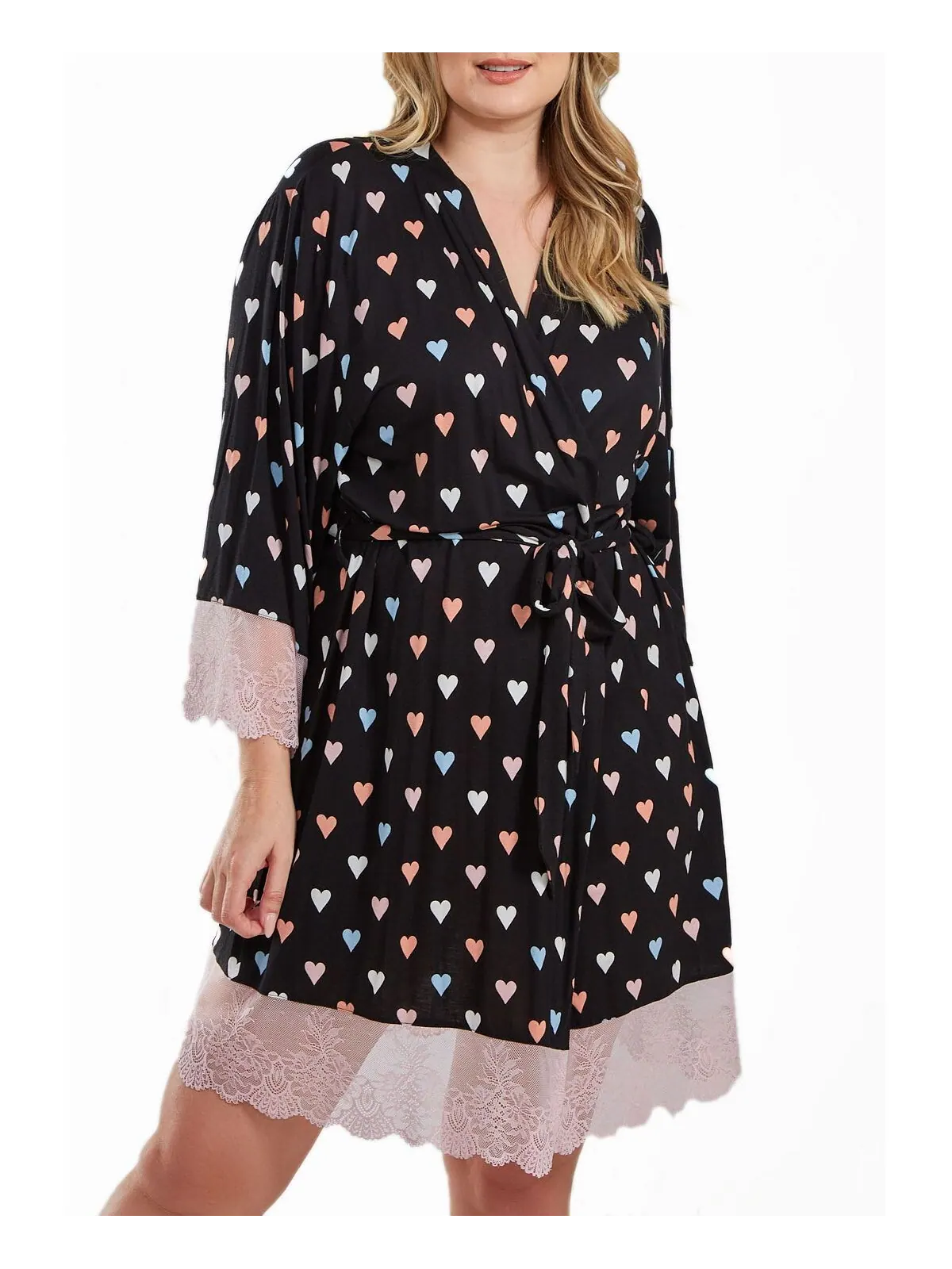 Халат tobey plus size из модала с сердечками и контрастной кружевной отделкой с поясом на завязках — изображение 1 из 2