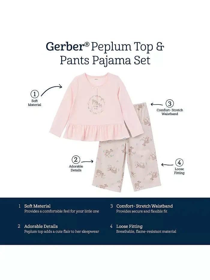 Пижамный комплект для девочек Toddler Girls 2-Piece Peplum Pajama Set Gerber — изображение 8 из 8