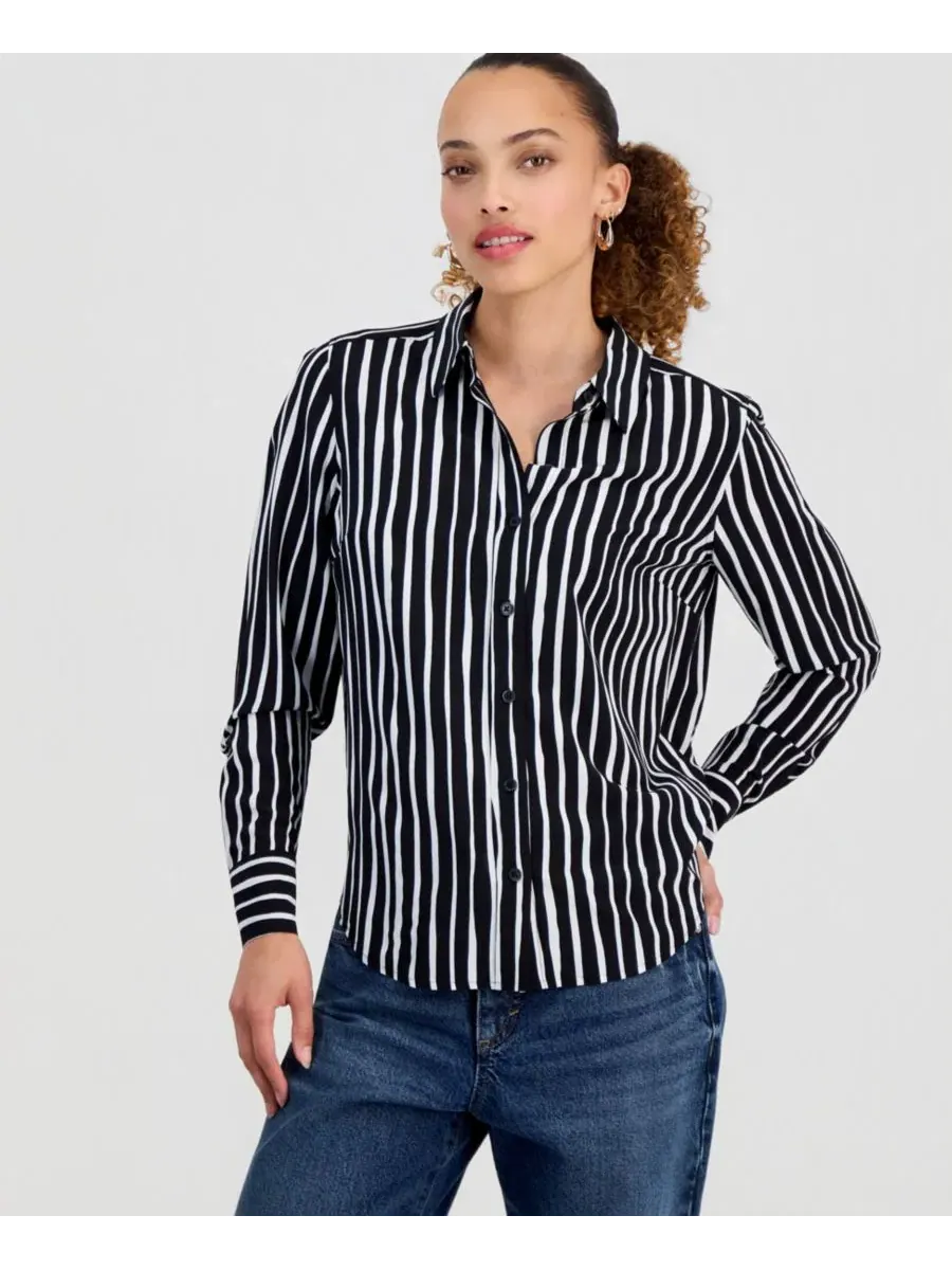 Рубашка с длинным рукавом в полоску Petite Striped Button-Up Shirt I.N.C. International Concepts — изображение 1 из 6