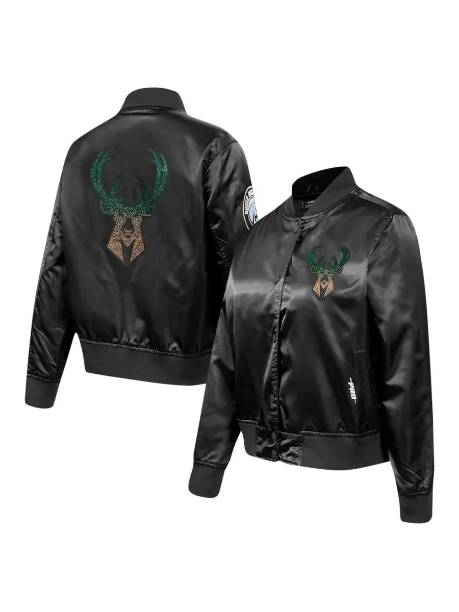 Pro Standard Женская черная атласная куртка Milwaukee Bucks с стразами и застежкой на кнопках — изображение 1 из 3, черный