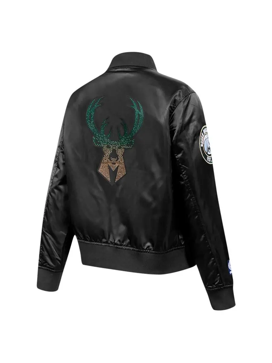 Pro Standard Женская черная атласная куртка Milwaukee Bucks с стразами и застежкой на кнопках — изображение 2 из 3, черный