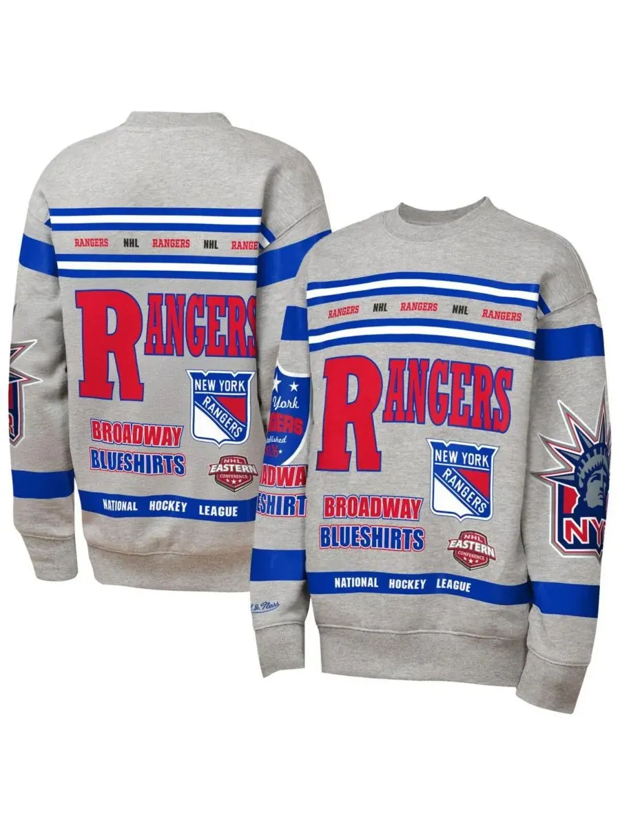 Mitchell & Ness Толстовка с круглым вырезом из флиса с принтом New York Rangers серого цвета для — изображение 1 из 3, серый