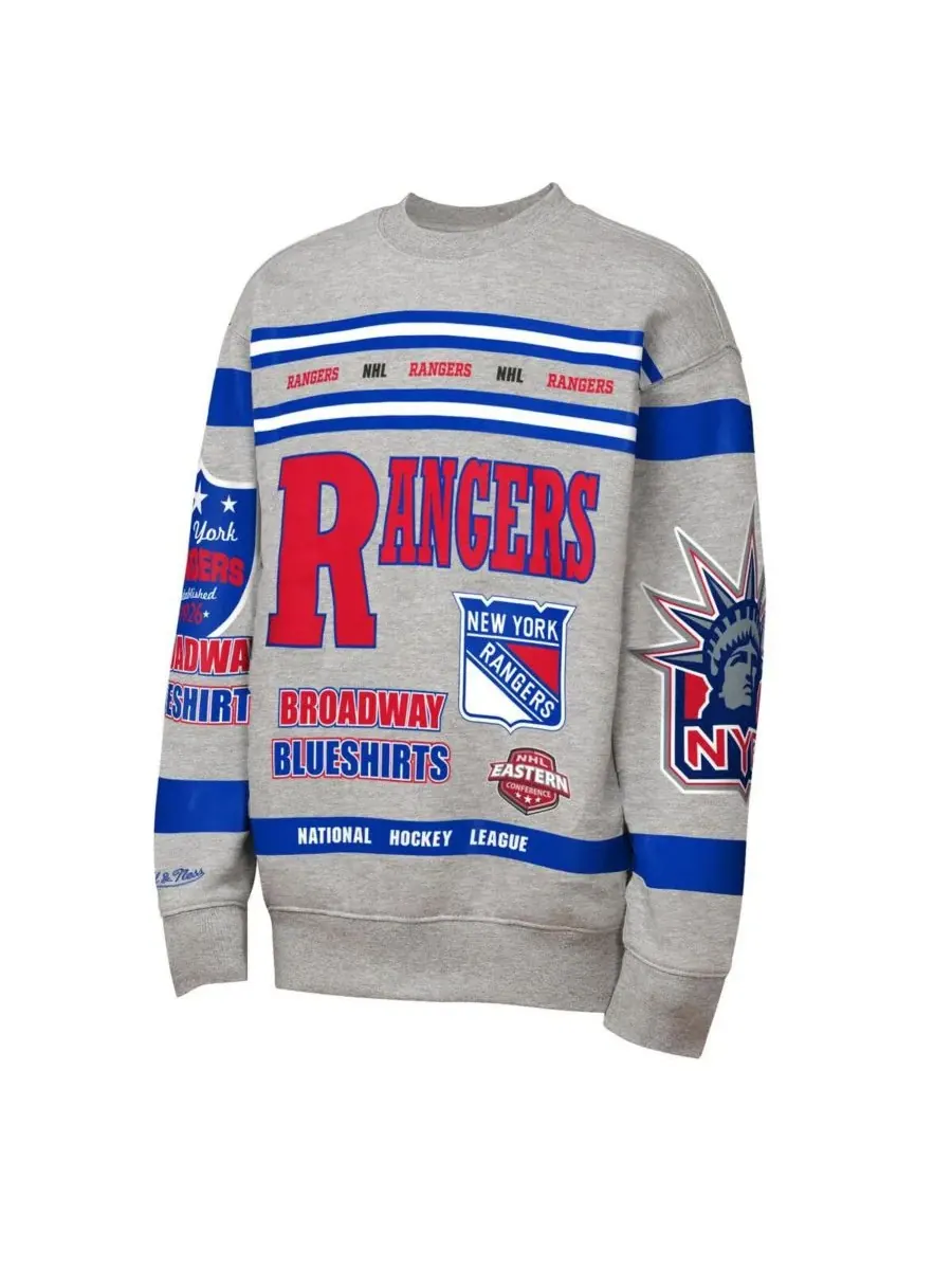 Mitchell & Ness Толстовка с круглым вырезом из флиса с принтом New York Rangers серого цвета для — изображение 3 из 3, серый