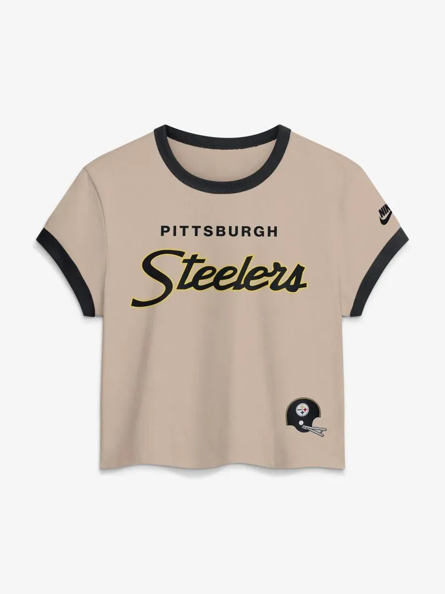Футболка женская укороченная с принтом Pittsburgh Steelers Rewind Ringer Mod Nike — изображение 1 из 2, бежевый черный