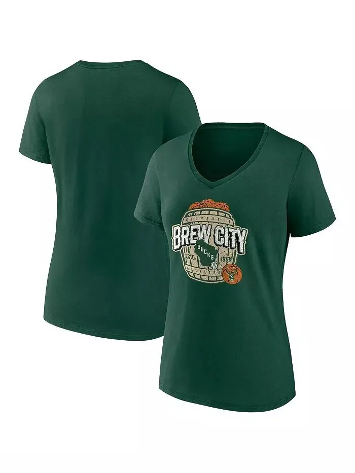 Женская зеленая футболка Hunter Milwaukee Bucks Hometown Collection Brew City с v-образным вырезом — изображение 1 из 3