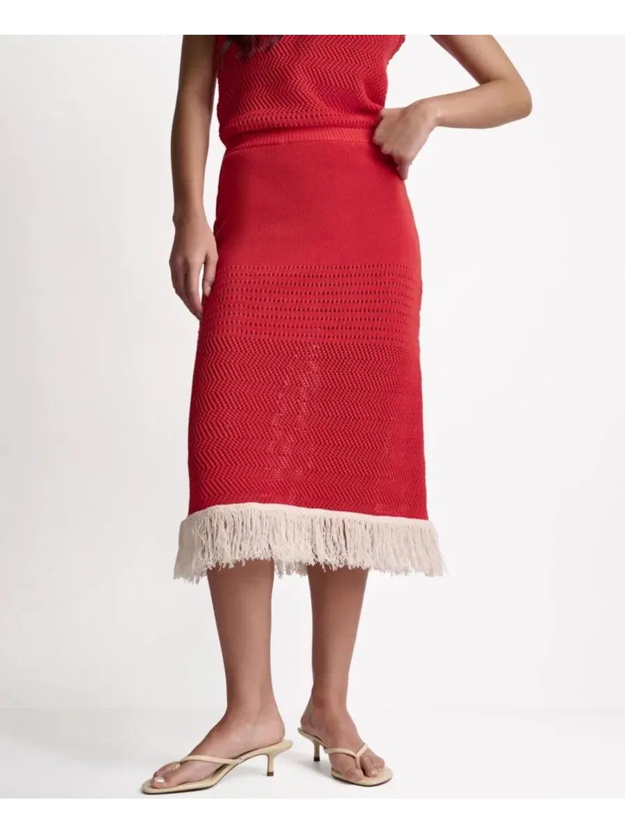 Юбка миди A-силуэта с бахромой Fringe Pointelle BCBG, Firelily Buttercream — изображение 1 из 9