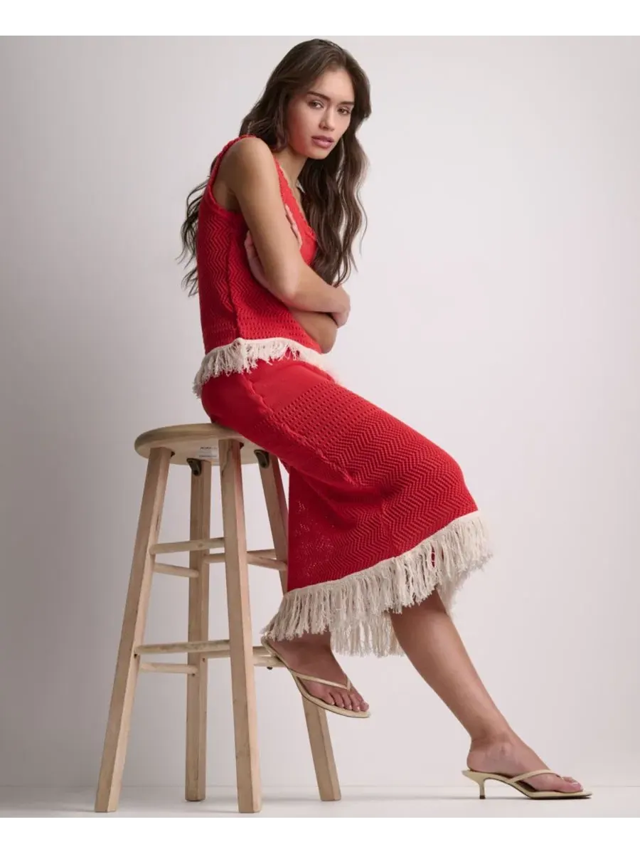 Юбка миди A-силуэта с бахромой Fringe Pointelle BCBG, Firelily Buttercream — изображение 3 из 9