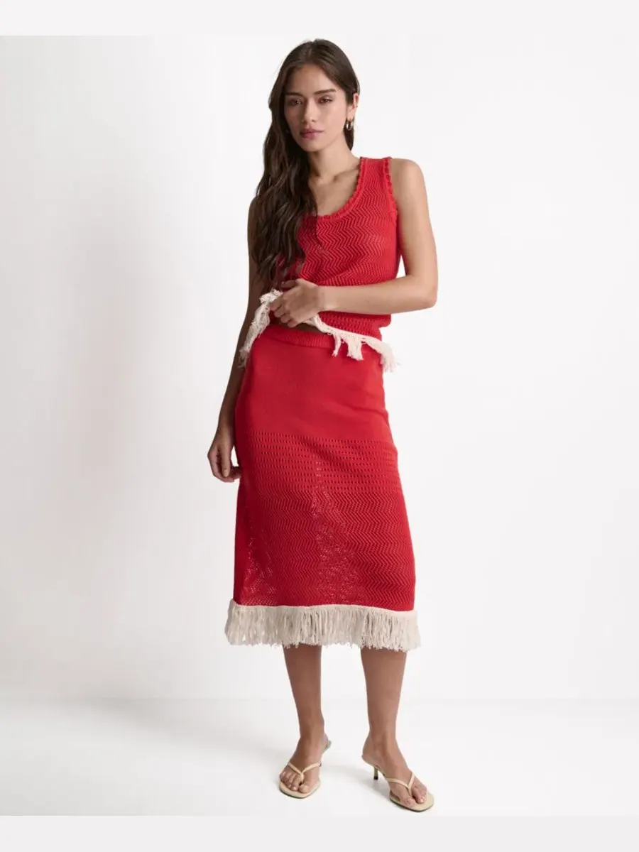 Юбка миди A-силуэта с бахромой Fringe Pointelle BCBG, Firelily Buttercream — изображение 4 из 9