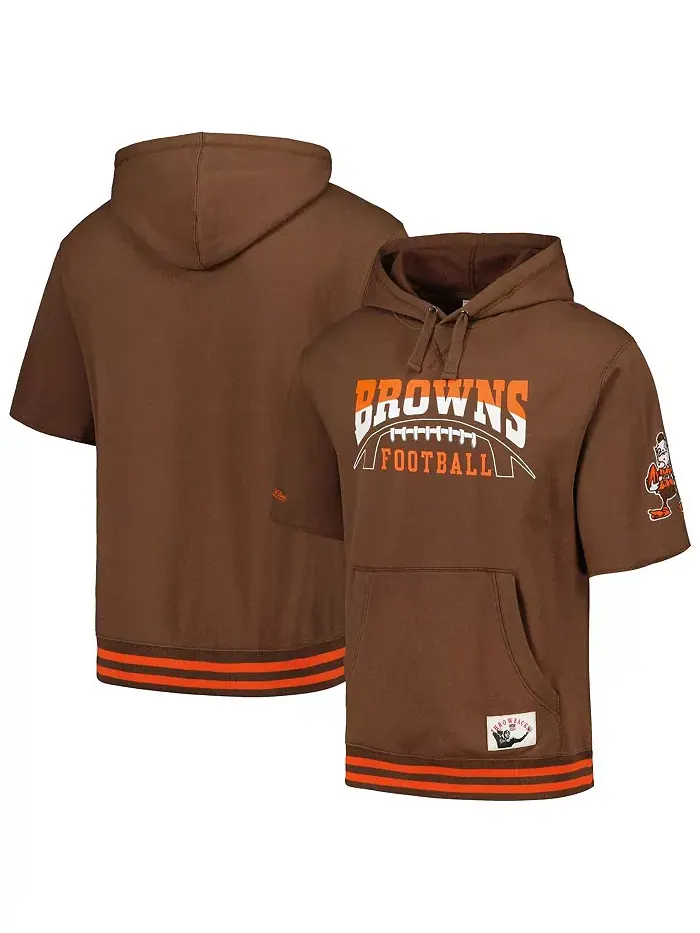 Мужская коричневая толстовка с капюшоном Cleveland Browns Pre-Game с короткими рукавами Mitchell & — изображение 1 из 3