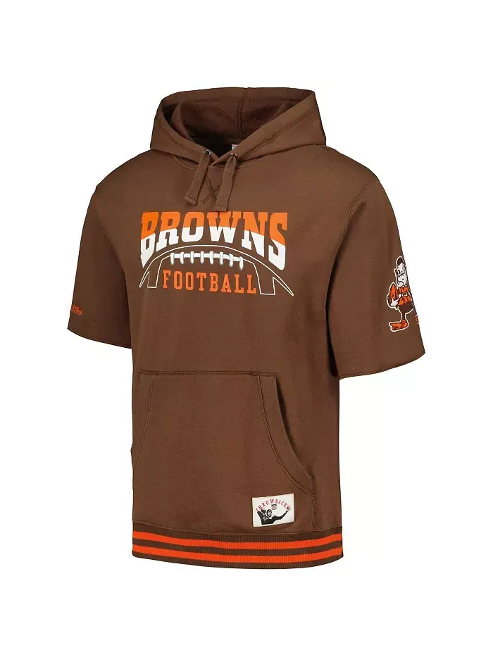 Мужская коричневая толстовка с капюшоном Cleveland Browns Pre-Game с короткими рукавами Mitchell & — изображение 2 из 3