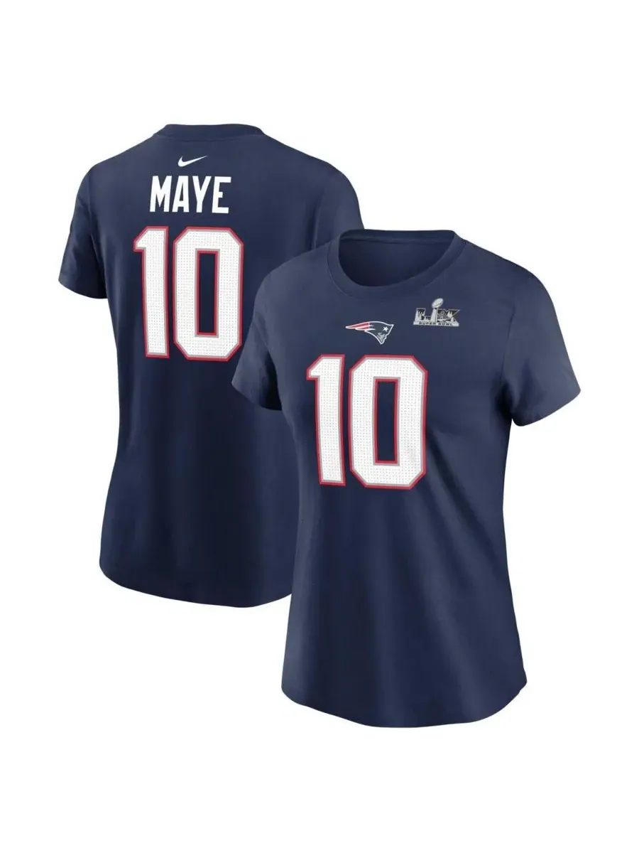 Nike Женская футболка Drake Maye Navy New England Patriots Super Bowl LX с нашивкой, именем и — изображение 1 из 3