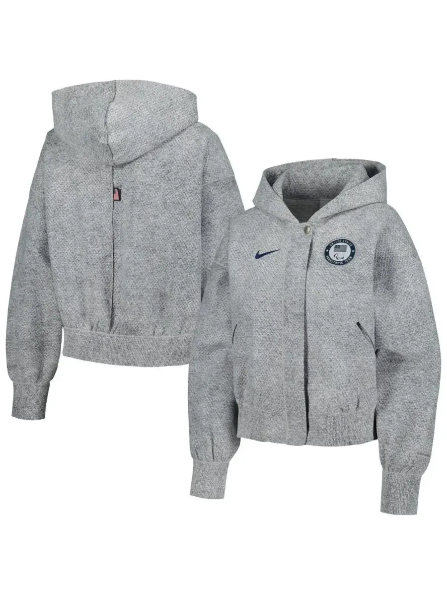 Nike Женская серая укороченная толстовка на молнии с капюшоном для пресс-конференции Паралимпийских — изображение 1 из 3