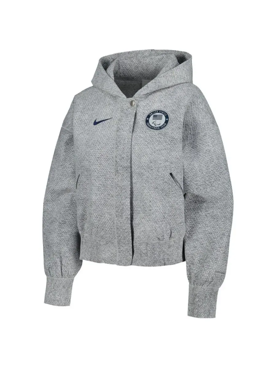 Nike Женская серая укороченная толстовка на молнии с капюшоном для пресс-конференции Паралимпийских — изображение 2 из 3