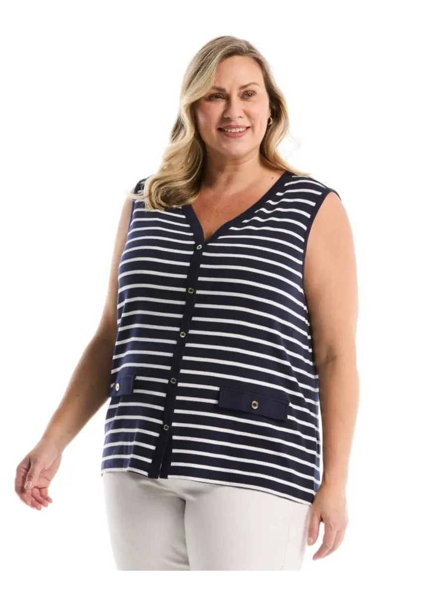 Топ без рукавов с принтом Plus Size Striped Button-Front Sleeveless Tank Top Rafaella, Peacoat — изображение 1 из 5