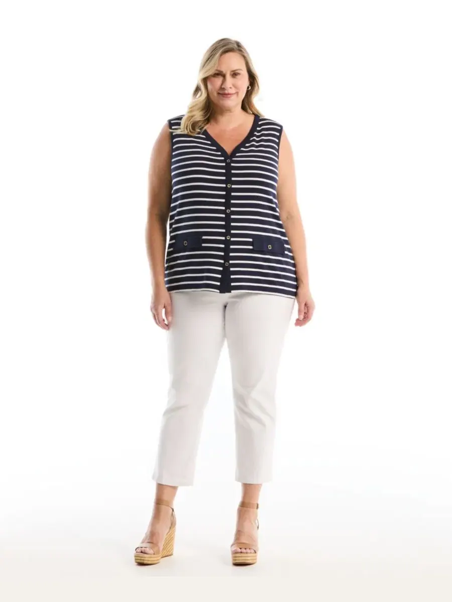 Топ без рукавов с принтом Plus Size Striped Button-Front Sleeveless Tank Top Rafaella, Peacoat — изображение 2 из 5