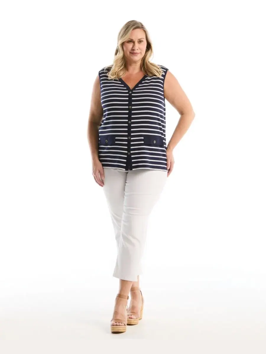 Топ без рукавов с принтом Plus Size Striped Button-Front Sleeveless Tank Top Rafaella, Peacoat — изображение 3 из 5