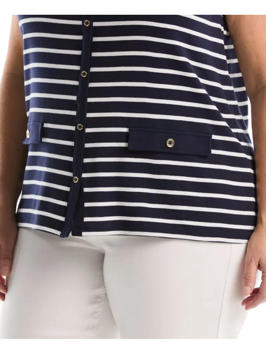 Топ без рукавов с принтом Plus Size Striped Button-Front Sleeveless Tank Top Rafaella, Peacoat — изображение 4 из 5