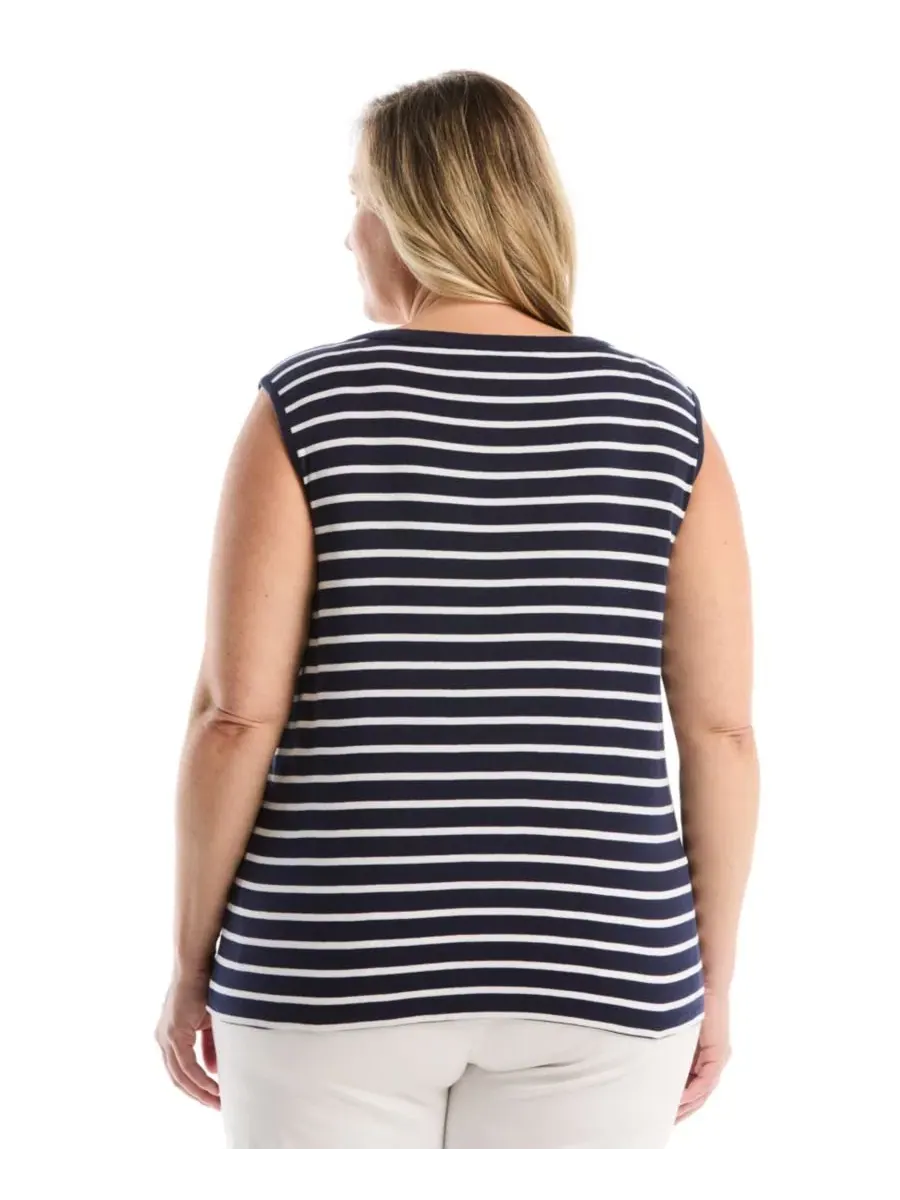 Топ без рукавов с принтом Plus Size Striped Button-Front Sleeveless Tank Top Rafaella, Peacoat — изображение 5 из 5