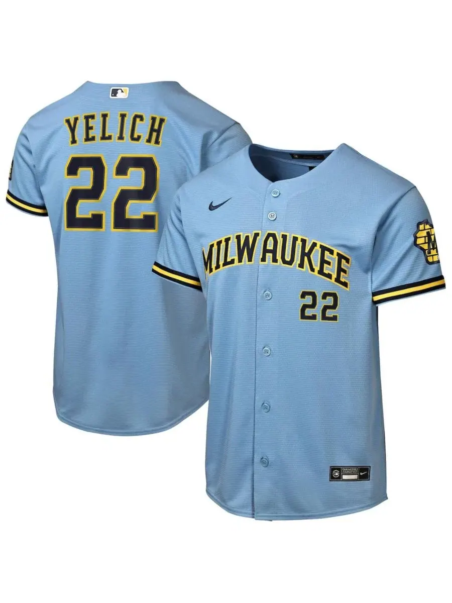 Детская футболка Christian Yelich Powder Blue Milwaukee Brewers Road Stadium Nike — изображение 1 из 3, синий